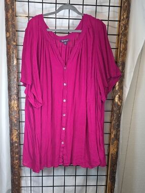 Roaman's Fuchsia Button-Front Peasant Top